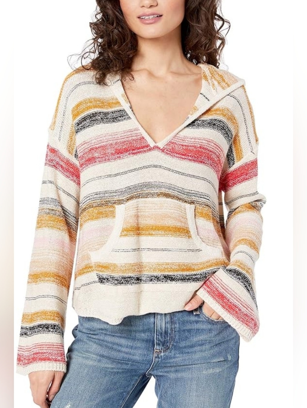 Billabong Women's Cream Multi Striped V Neck Pullover Knit Sweater | Medium